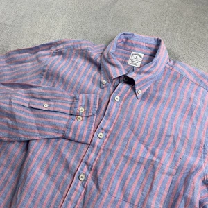 Brooks Brothers 1818 Mens Shirt Medium 100% Linen Blue Red Striped VGUC - Picture 1 of 8