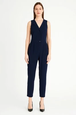 J.Crew Navy Blue Trench Jumpsuit One Piece Pants Crop Silky Sz 2 Pockets Career - Image 1 of 4