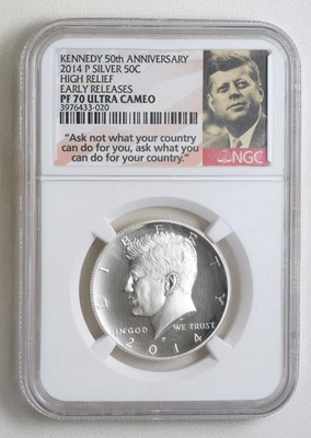 2014 P Silver Kennedy Half Dollar 50c NGC PF 70 Ultra Cameo High Relief /020 - Image 1 of 4