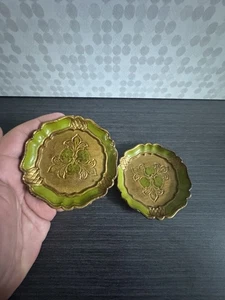 Vintage Italienisch Florentiner Vergoldet Holz Schmuck Geschirr Grün Gold Geschirr 2er Set - Bild 1 von 7