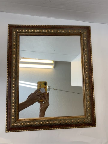 Accent Mirror 15x10” Faux Wood Gold Trim Wall Hanging Decor Entry 18x13”” Total Cover
