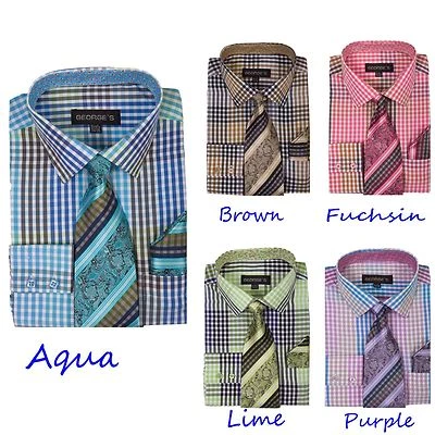 全新优质男式多色格子设计正装衬衫 带匹配领带和手帕 A627 — 第 1/4 张图片