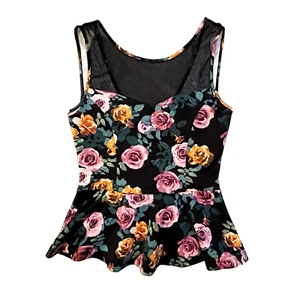 Forever 21 Black Sleeveless Ruffle Floral Top Womens Size S - Picture 1 of 6