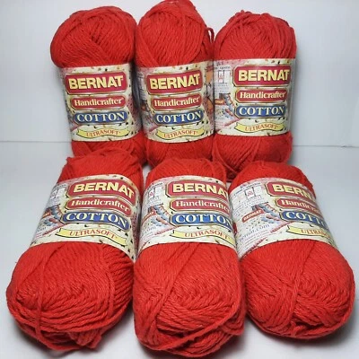 Bernat 100% Cotton Handicrafter Ultrasoft Yarn 50g #016 Red Lot of Six Skeins - Image 1 of 4