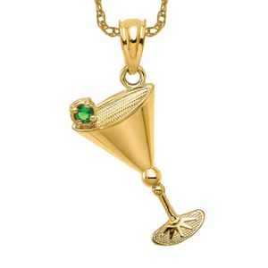 14K Solid Yellow Gold Martini Glass Green CZ Olive Necklace - Picture 1 of 12