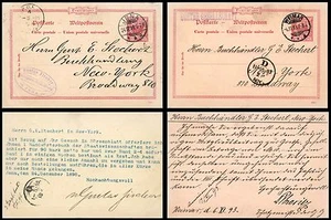 ALEMANIA A NUEVA YORK, EE. UU. DOS TARJETAS DE PAPELERÍA POSTALES CA 1890 - Imagen 1 de 1