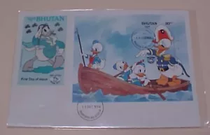 BHUTAN DISNEY  DONALD DUCK AND BABY DUCKS ON BOAT  1984 FDC SHEETLET - Picture 1 of 1