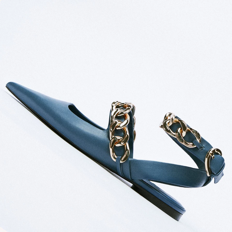 ZARA BAILARINAS PLANAS MUJER NUEVAS CON CADENA CORREA AL TOBILLO AZUL GASOLINA 35-42 1555/810 Foto 1 de 1