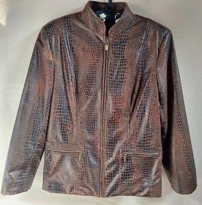 Elementz Womens Medium Faux Leather Moto Jacket Snakeskin Brown Lined Zip Pocket - Image 1 of 4