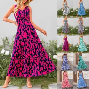 Womens Sleeveless Floral Printed Midi Dress V Neck Slim Fit Party Gowns Sundress - Picture 1 of 32