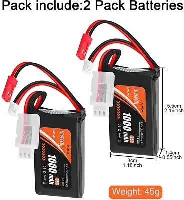 CRAZEPONY 2 stk 7,4V 1000mAh Lipo Akku 2S 35C Batterie mit PH2.0 & JST Stecker für RC Auto