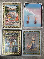 Collection of Mughal Paintings Silk Vintage Set Four Shiva Boats Forest Indian