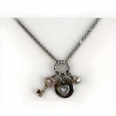 Swarovski Crystal Charm 14” & 2” Necklace – Key, Heart, Pearl & Ring – Swan Logo - Image 1 of 3