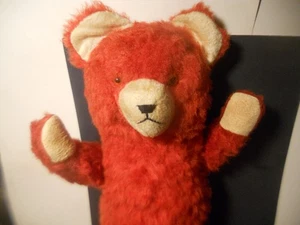 Oso de peluche grande rojo vintage pequeño carnaval años 50 27 en poste relleno de paja alemán - Imagen 1 de 6