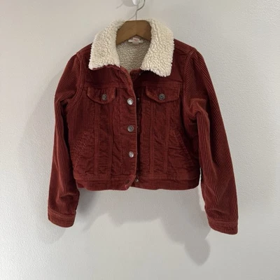 Cat & Jack Boys Coat Jacket M 7 / 8 Corduroy Sherpa Fur Snap Button Brown Orange - Image 1 of 4