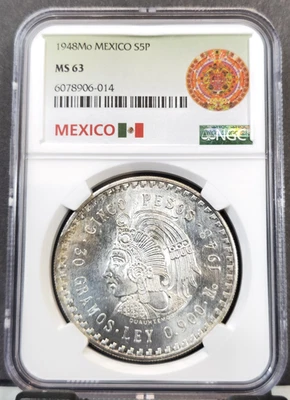 México 1948 plata 5 pesos S5P cuauhtémoc NGC MS 63 bonito brillo Foto 1 de 3