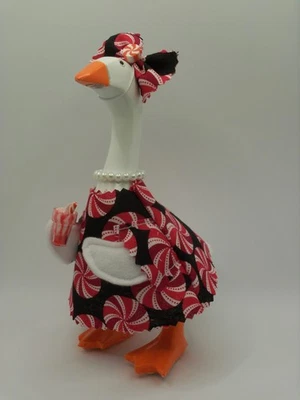 7" Desk Goose Christmas Peppermint Candy Print Dress  & Bow Outfit with Shake - Image 1 of 4