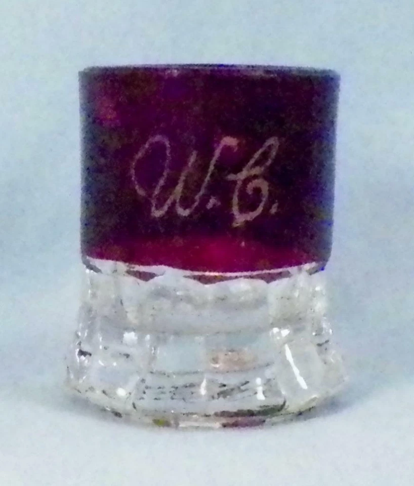 Antique Ruby Stain Mug Shot Glass Penny Candy Scoop EAPG Initials W C Souvenir - Image 1 of 4