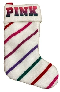 Victoria's Secret PINK Sherpa Stocking Holiday Christmas White Red Pink 15" - Picture 1 of 4
