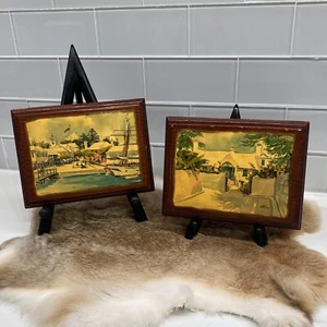 Set of 2 Vintage Vern Tremewen Prints Mini Wood Frame Wall Hanging Rustic Decor - Picture 1 of 12