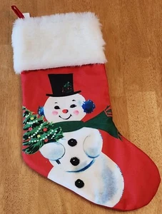 NWT Transpac Festive Retro Vintage Snowman With Christmas Tree Printed Stocking - Picture 1 of 3