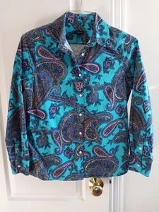 Talbots Women's Blue Paisley Floral Sz XS Shirt Career Button-Up Long Sleeve - Picture 1 of 4