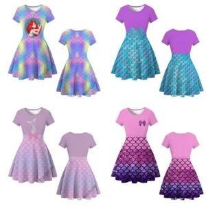 Kids Girls Ariel The Little Mermaid Princess Short Sleeve Skirt Fancy Dress Gift - Picture 1 of 15