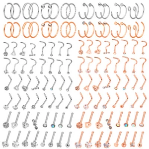 32PCS Nose Hoop L/Bone/Screw Shaped Nose Studs Ear Lip Rings Piercing Kit 20G - Picture 1 of 28