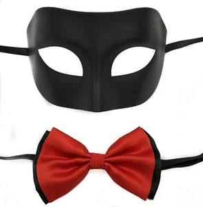 Black Simple Men's Masquerade Mask w/ Red bow tie - Picture 1 of 5