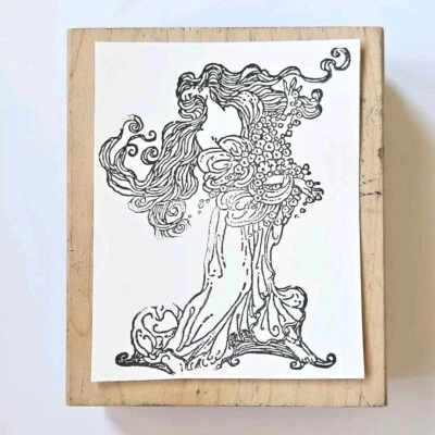 LONG HAIRED MAIDEN Stampland Rubber Stamp Nymph Woman Lady Flowers *READ* E777 - Image 1 of 4