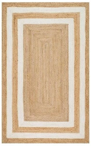 Floor Carpet in Jute Hand Braided Rectangle Area Rug Beige with White Border - Picture 1 of 6
