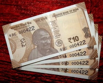 INDIA REPUBLIC | 2018 - 10 RUPEE SAME NUMBER 000422 - 4 UNC NOTES LOT - Image 1 of 3