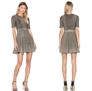 $750 NEW XS 2 ALC A.L.C. Susanna Gold silver Metallic Flare Pleated Skirt Dress - Picture 1 of 7