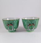 2 Antique/Vintage Chinese Famille Verte Cabbage Leaf Butterfly Longevity Teacups