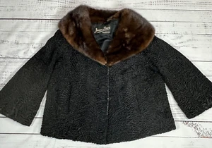 Jonas Bros Womens Persian Lamb Coat Mink Collar Size Large Black Brown Cropped - Picture 1 of 13