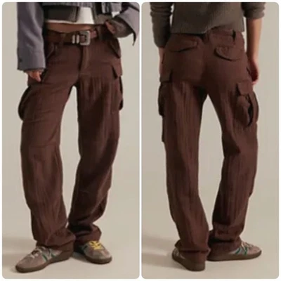 NUEVO Talla 10 Free People We The Free Last Catch Check Pantalones Carga Marrón Combo Foto 1 de 4