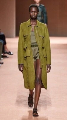 Womens  Green Suede Leather Trench Coat Size S M L XL XXL 3XL Custom Made - Image 1 of 4