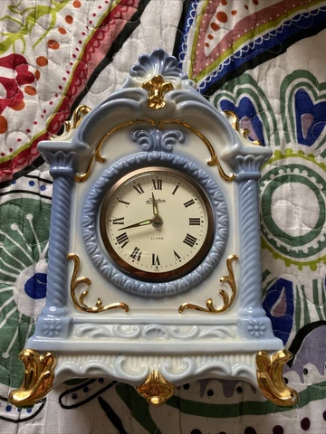 Vintage Linden Windup Alarm Porcelain Blue White Mantel Clock w Gold Trim JAPAN Cover