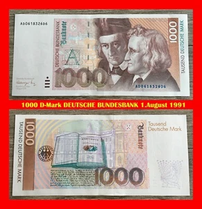 Ⓜ️ 1000 Deutsche Mark ☘️ 1.August 1991 💥 DM Schein Bundesbank 🍄 AD0618326D6 🌐 - Bild 1 von 3