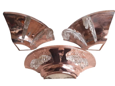 Antique Set 2x Anglewall 1x Wall Light Sconce ART DECO Glass & Copper metal 1930 Cover