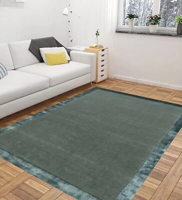 Gray Wool and Silk plain with silk border Hand Tufted Rug for Home  ,Kids Room , - Image 1 of 4