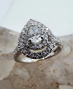 14k .585 White Gold 1.04 ctw .3 ct Pear Diamond Halo Sz 6 Ring Au 24110 - Picture 1 of 12