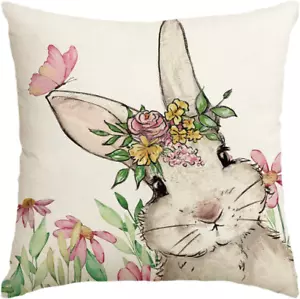Easter Floral Garland Bunny Throw Pillow Cover, 20 x 20 Inch Spring Rabbit Holid - Picture 1 of 8