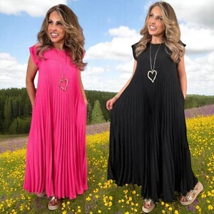 Ladies Summer Beach Pocket Dress Party Holiday Pleated Maxi Dresses Plus Size UK - Picture 1 of 13