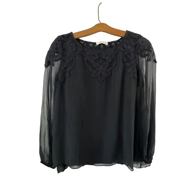 Blusa Bailey 44 de gasa con ribete de encaje para mujer S azul marino manga larga 100 % seda Foto 1 de 4