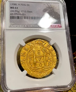 FINEST PERU 8 ESCUDOS 1708 NGC 63 1715 FLEET SHIPWRECK GOLD COB DOUBLOON COIN - Picture 1 of 23