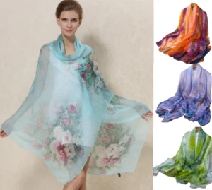 100 % Seide Schal Damen Halstuch Schal Halstuch dünn Blumenmuster rosa rot blau grün MY2 - Bild 1 von 61
