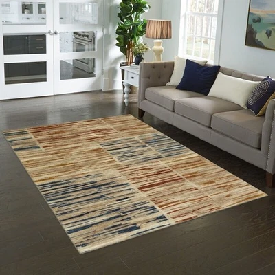 Alfombra geométrica multicolor a rayas bloques interior antideslizante pila baja 5x7 hogar Foto 1 de 4