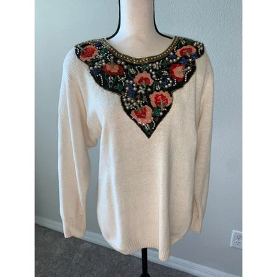 VNTG Victoria Harbour off white sweater with Sequin, beads and pearl design - M - Image 1 of 4