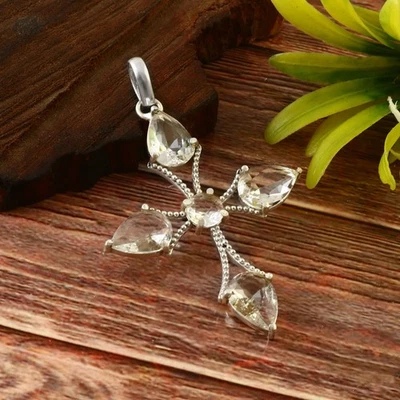 Colgante Cruz Joyería Piedras Preciosas Topacio Blanco Plata de Ley 925 Foto 1 de 3